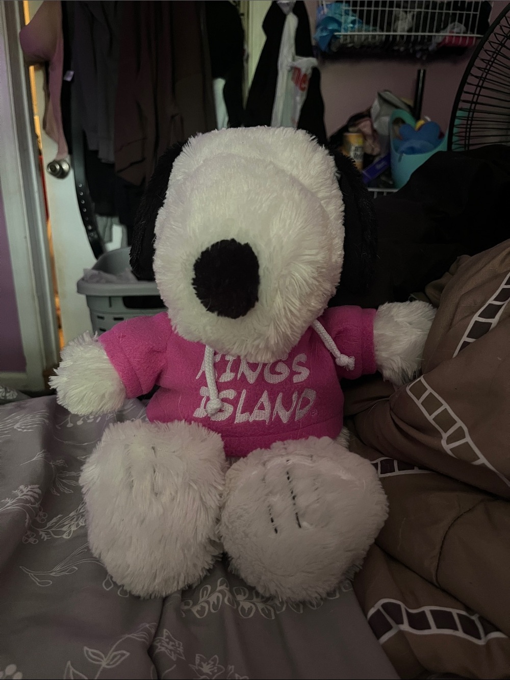 Plush Snoopy-Style White & Black Stuffed Dog with Pink Hoodie